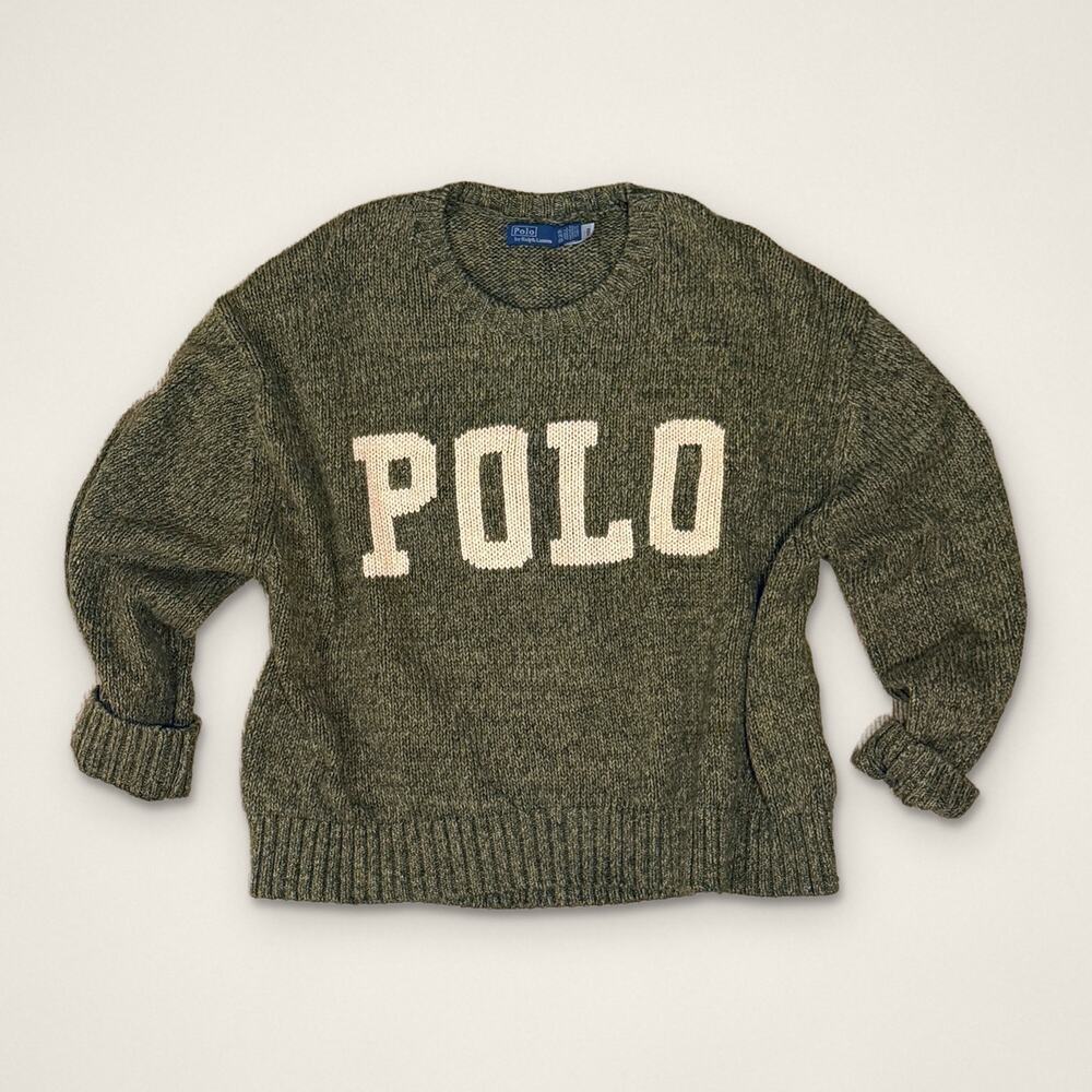Polo Ralph Lauren POLO Logo Crewneck Sweater Olive Cream Varsity Preppy Cotton - Picture 2 of 5